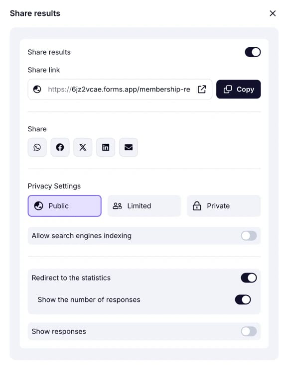 An image showing the options and settings you can adjust once you press the “arrow” button and the “Share results” window appears