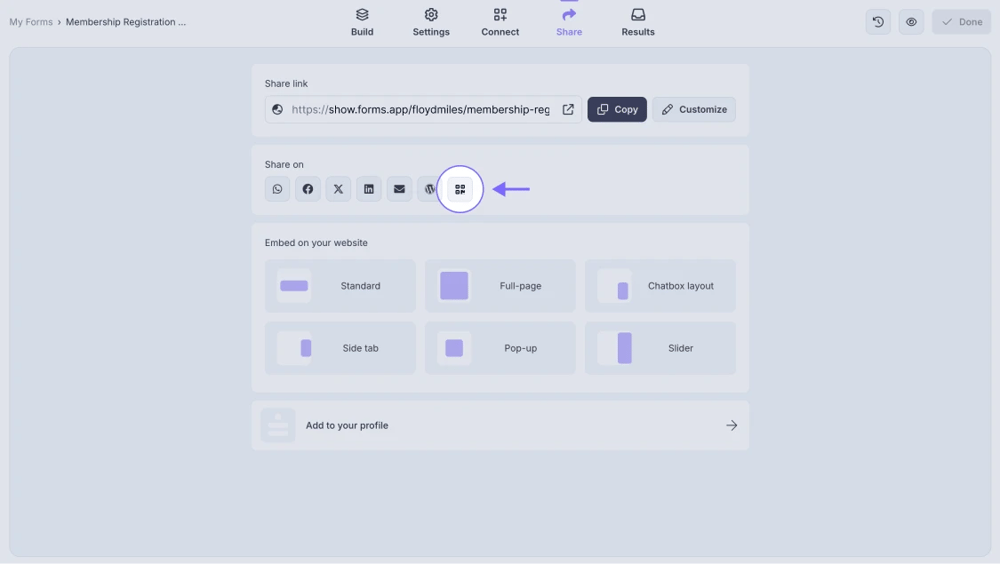 An image showing the QR code icon from other sharing options in the Share tab