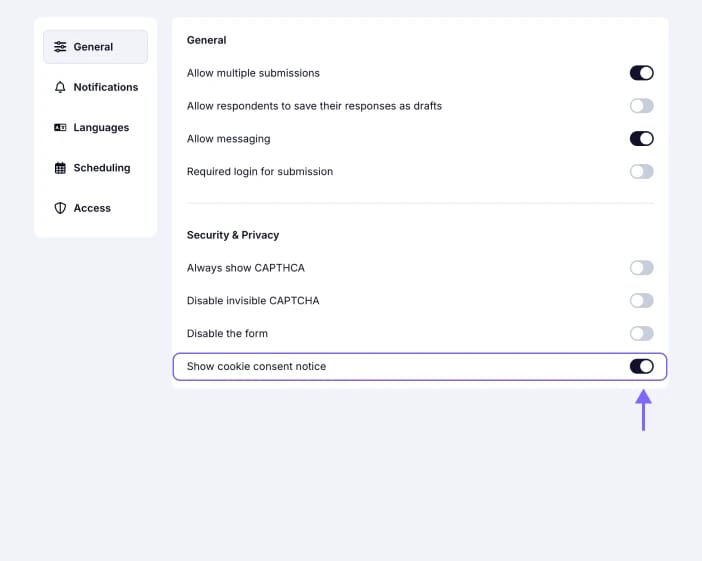 An image highlighting the enabled "Show cookie consent notice" toggle in the Security &amp; Privacy section