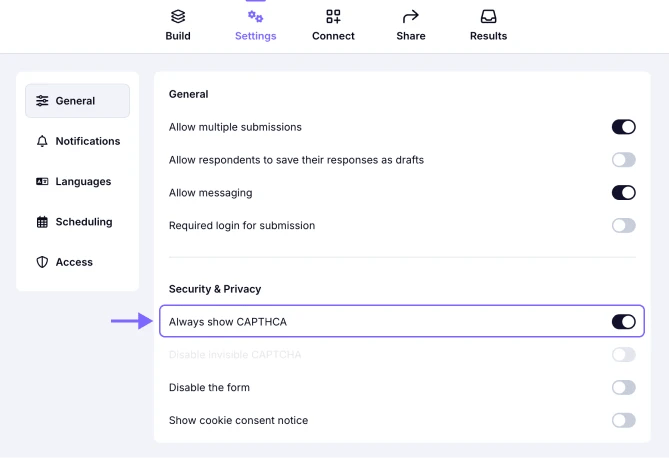 An image showing the Always show CAPTCHA toggle in the Settings tab of your form