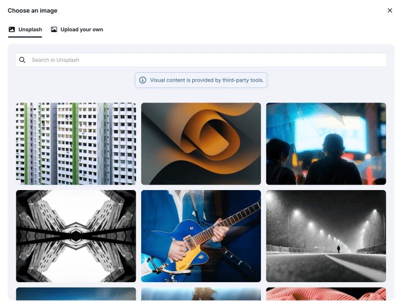 An image showing the options from Unsplash that appear and that you can choose for your background