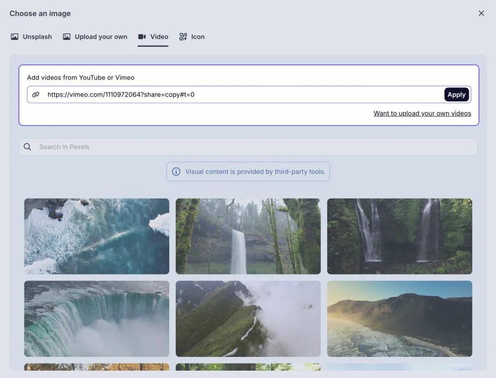 An image showing the field media menu, where you need to go to the “Video” section first and then paste the link of your video that you are willing to upload