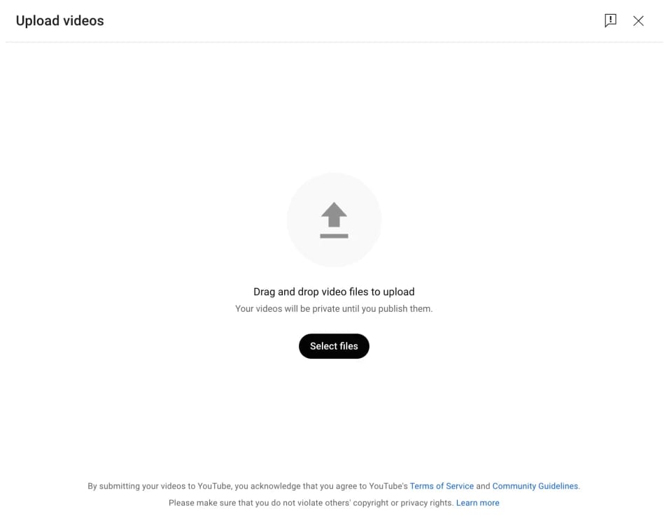 An image showing the pop-up window that will appear once you open the “Create” menu and select the “Upload videos” option