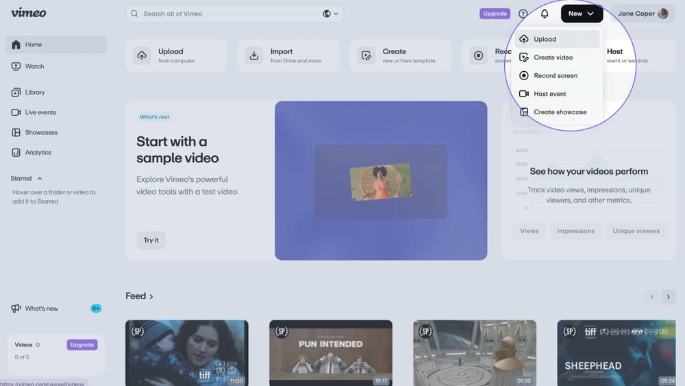 An image showing an example of the Vimeo account where you need to click on the “New video” button
