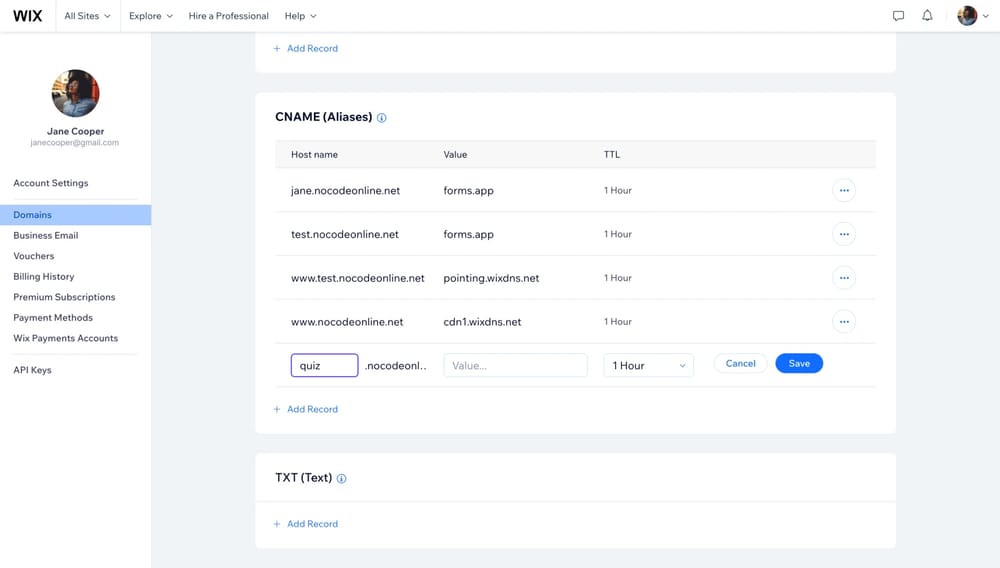 An image showing how to add a CNAME on Wix