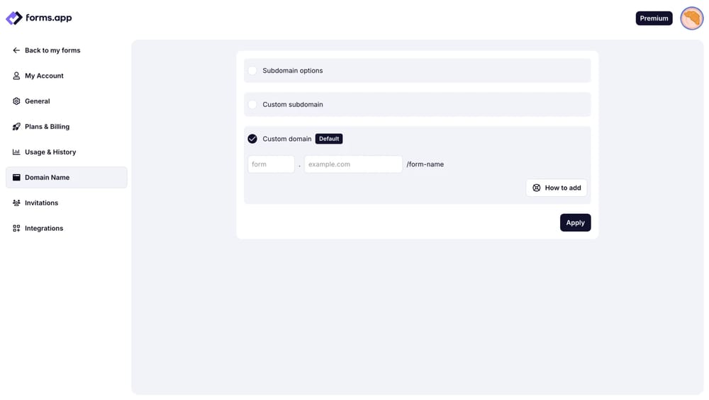 An image showing the “Domain name” option from the left menu, where you need to select the “Custom domain” section