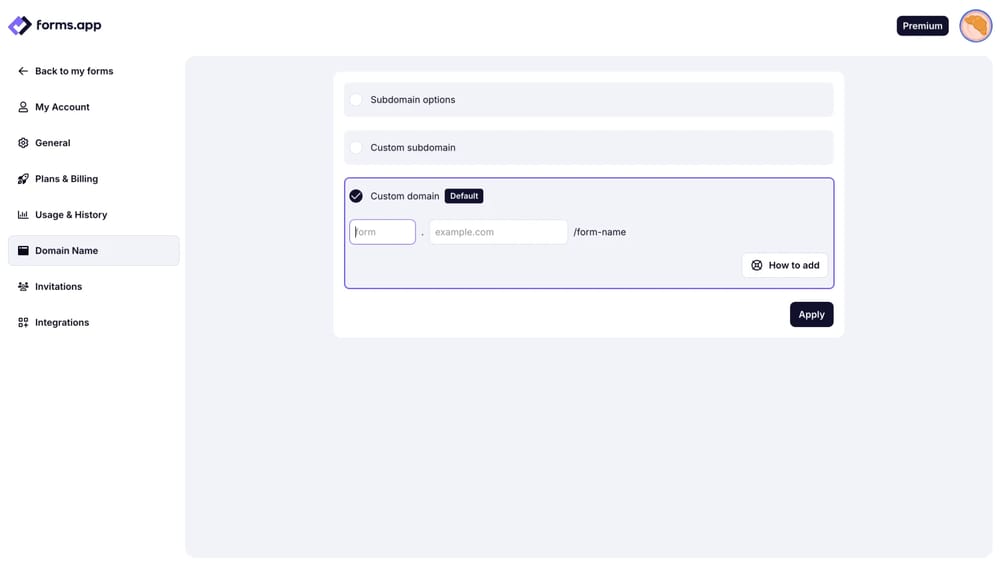 An image showing the area where you need to enter your domain details and press the “Apply” button below after that