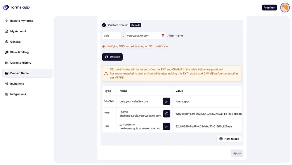An image showing the TXT value that should be added after adding CNAME to your domain