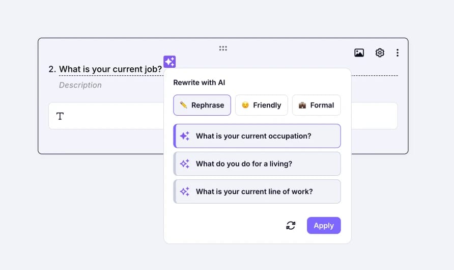 An image showing a pop-up with various question options to choose from