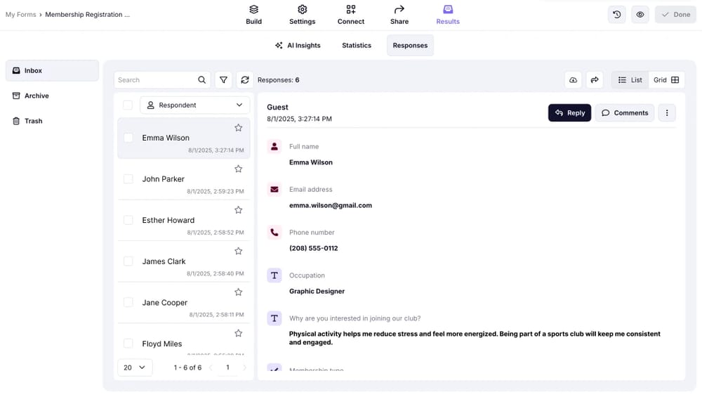 An image showing the List view type for reviewing your form responses