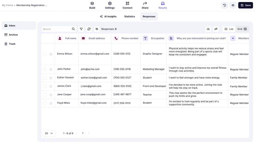 An image showing the Grid view type for reviewing your form responses