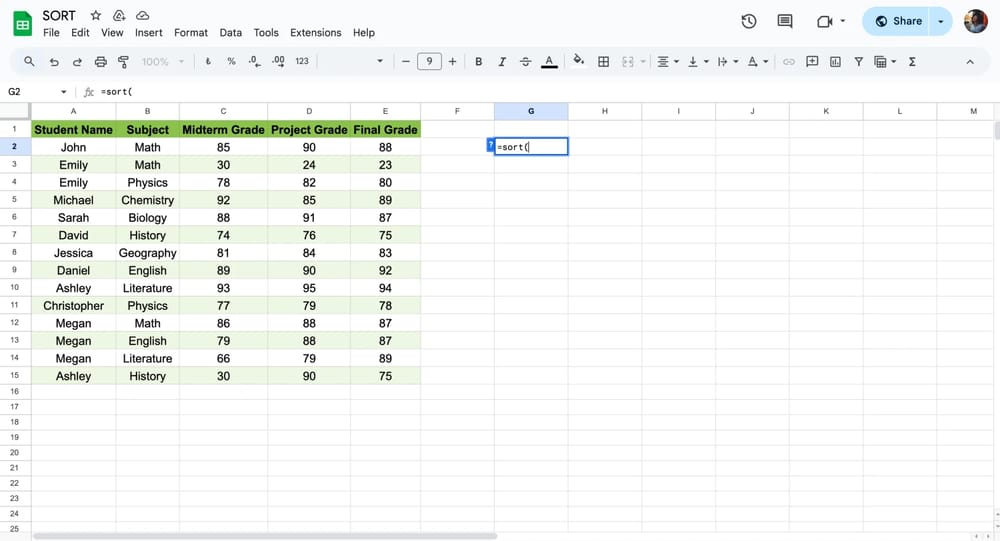 Comece a digitar a fórmula