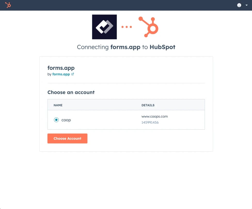 An image showing the HubSpot page where you will need to select the needed account to start the integration