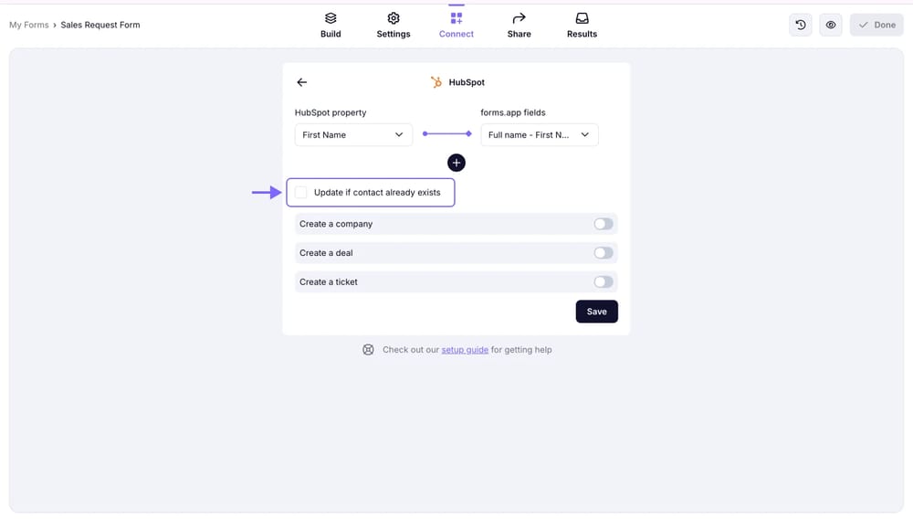 An image showing the “Update if contact already exists” checkbox, which you need to click if you want to update contacts if they have already registered