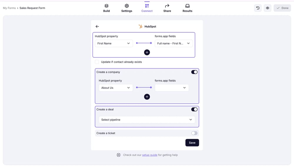 An image showing the options of creating a company and a deal if needed
