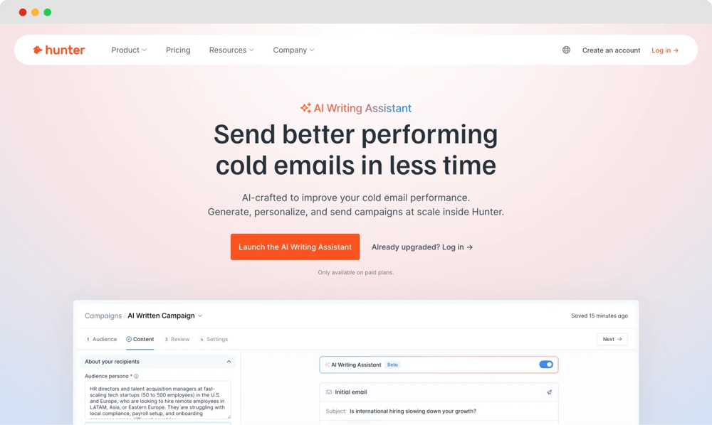 The homepage of Hunter