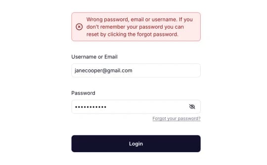 An image showing an example of a warning message when you enter the incorrect username or email address