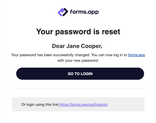 An image showing an example email message that confirms your new password