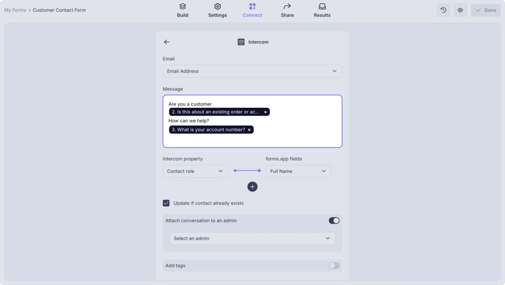 An image showing the “Message” area, where you can enter your text message and include fields from your form