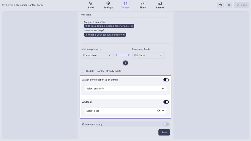 An image showing toggles below which allow you to assign conversations to a specific user, add tags to conversations, and create a company