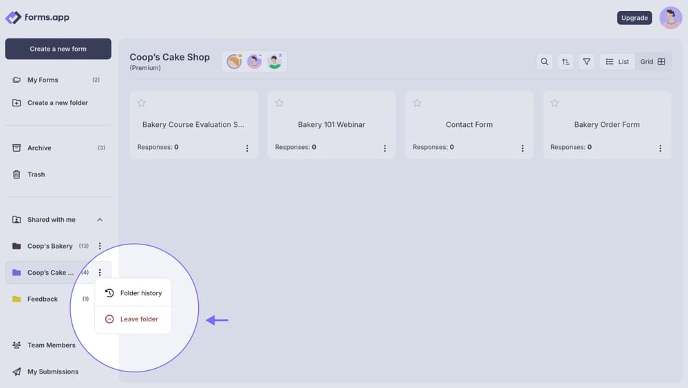 An image showing the “Leave folder” button, once you press the three-dot menu on the folder you wish to leave from the “Shared with me” panel