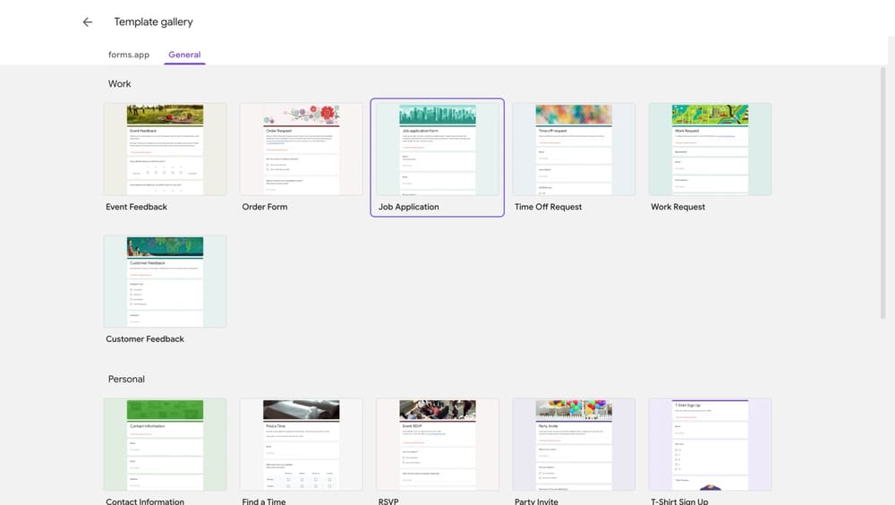 “İş başvurusu” şablonunu kullanarak yeni bir Google Formu oluşturma