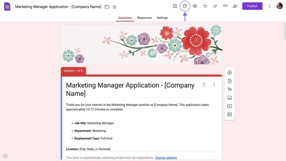 Google Forms’da özelleştirme kenar çubuğunu açma