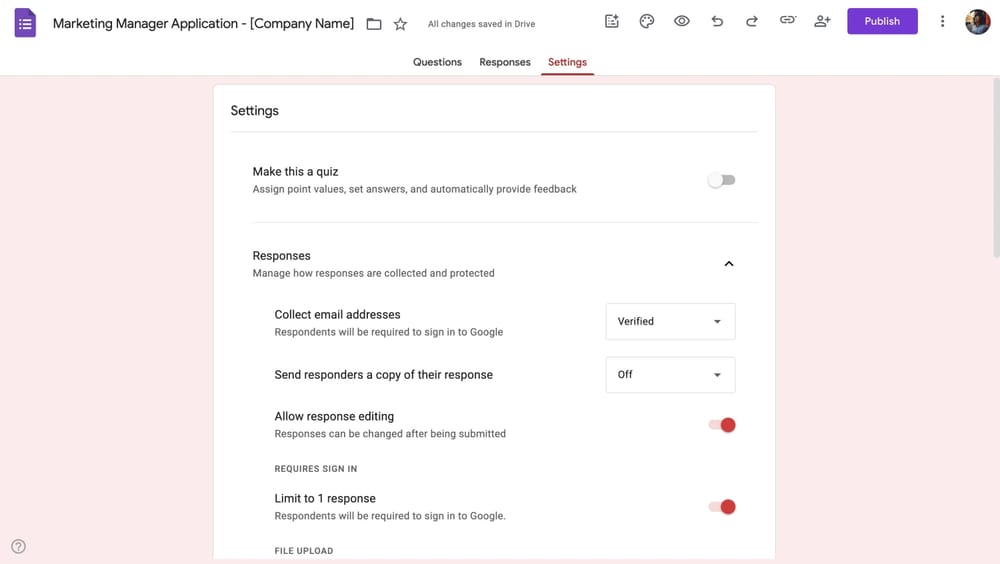 Google Forms’da ayarları yapılandırma