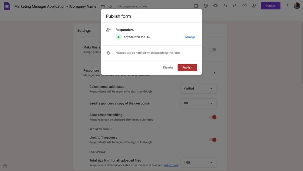 Google Forms başvuru formunu yayınlama