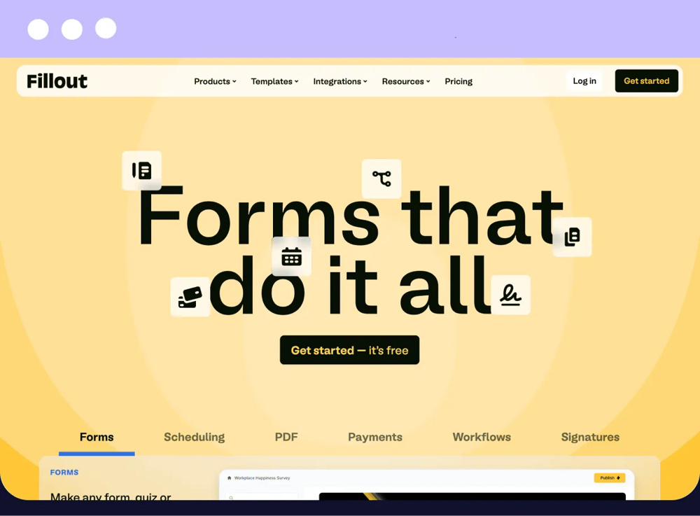 The homepage of Fillout