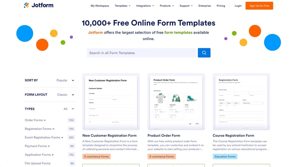 Template gallery of Jotform