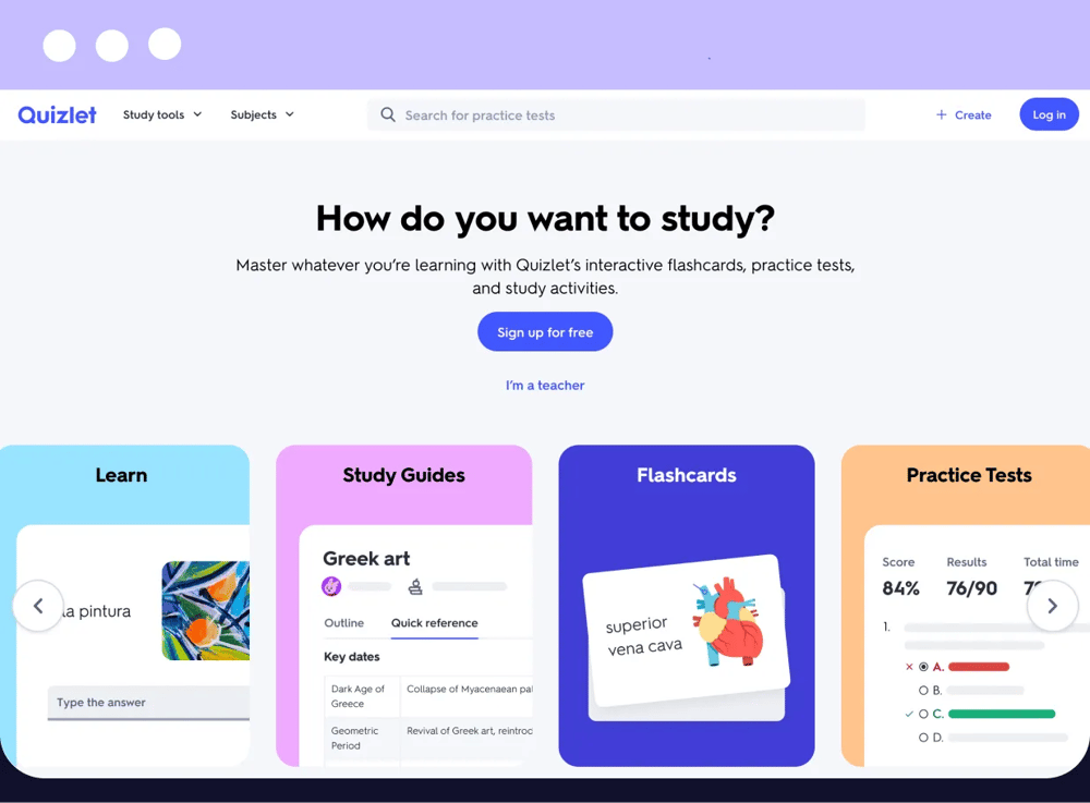The homepage of Quizlet