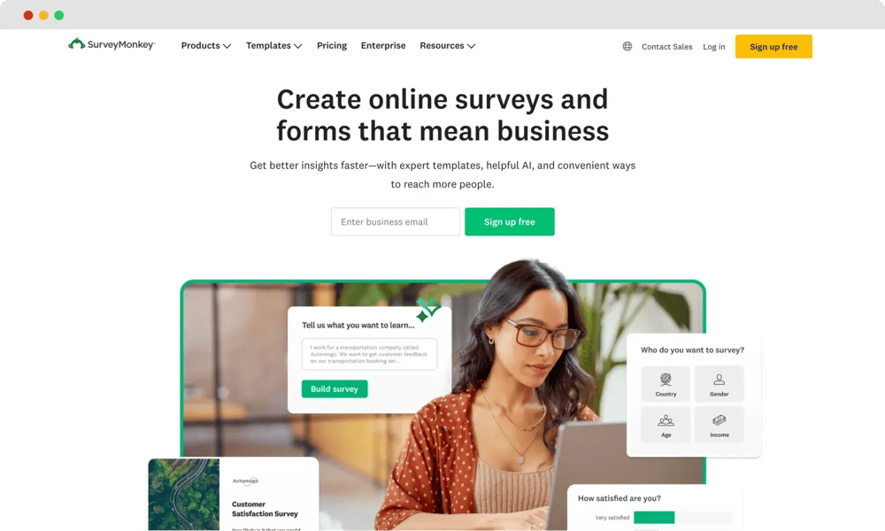 The homepage of SurveyMonkey