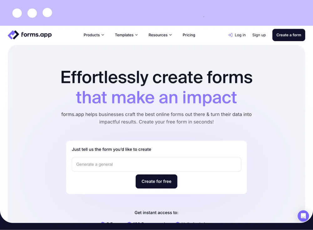The homepage of forms.app