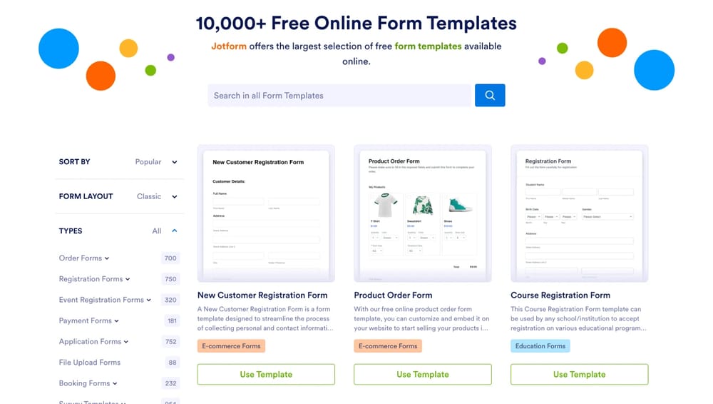 Template gallery of Jotform