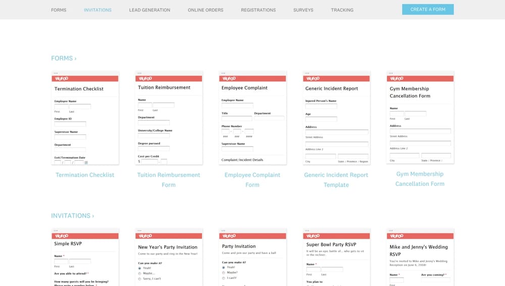 Template gallery of Wufoo