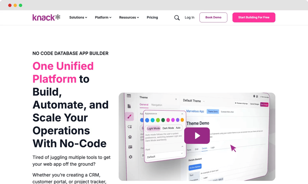 The homepage of Knack