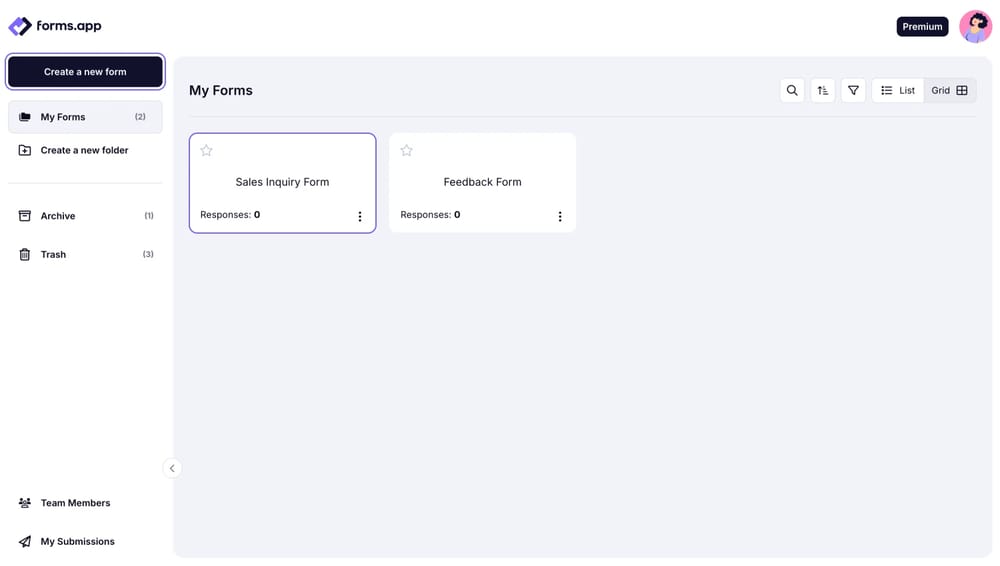 An image showing the forms.app “Dashboard” where you need to open the form or create a new one if needed