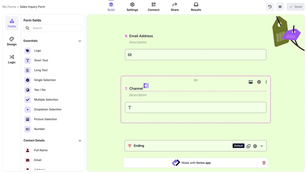 An image showing the “Build” section where you need to add the “Short text” field at the end and name it “Channel”