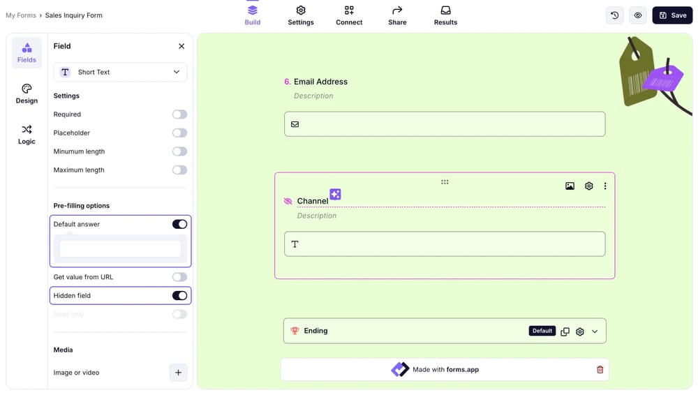 An image showing the opened field settings of the field with enabled “Default answer” and “Hidden field” options