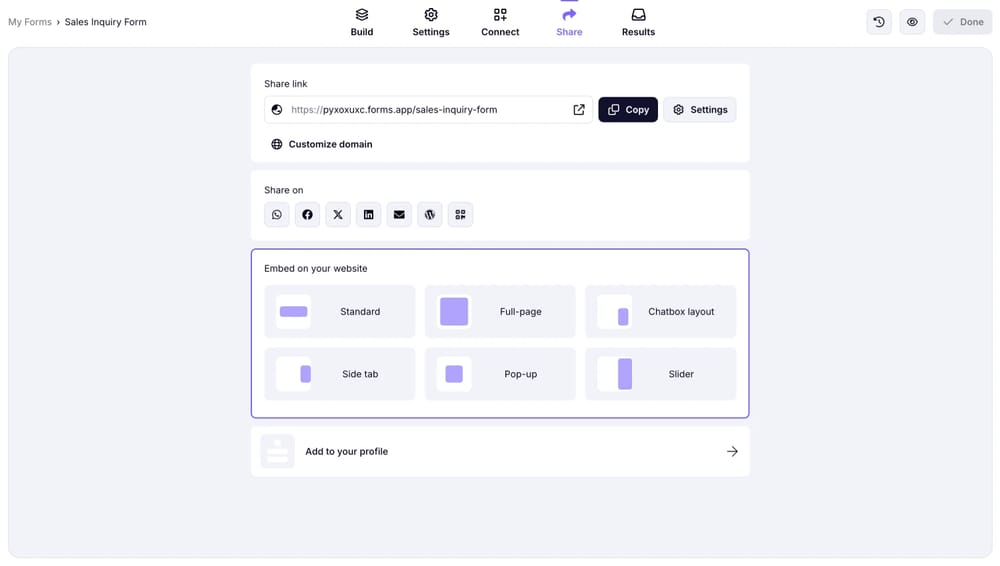 An image showing the “Share” section of the form with the embedding options we provide