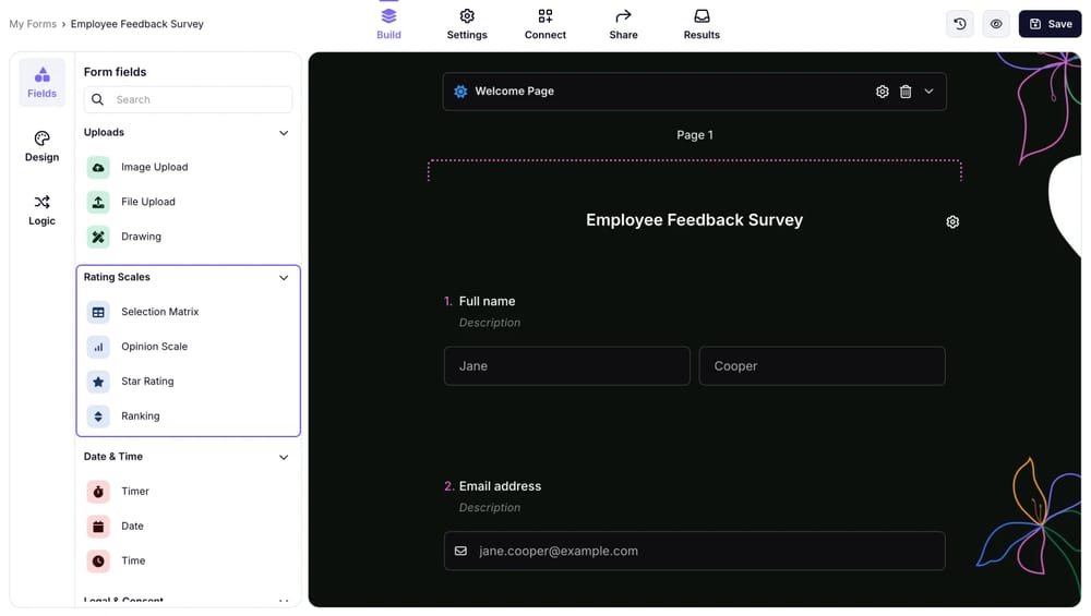 Alanlar menüsünden derecelendirme ölçeği alan tipleri