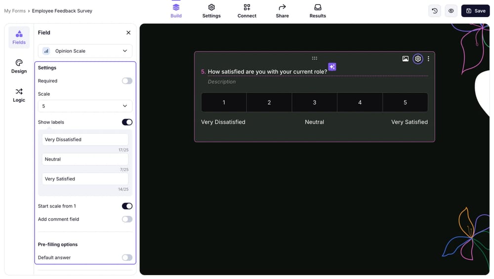 forms.app'teki bir görüş ölçeği sorusunun alan ayarları