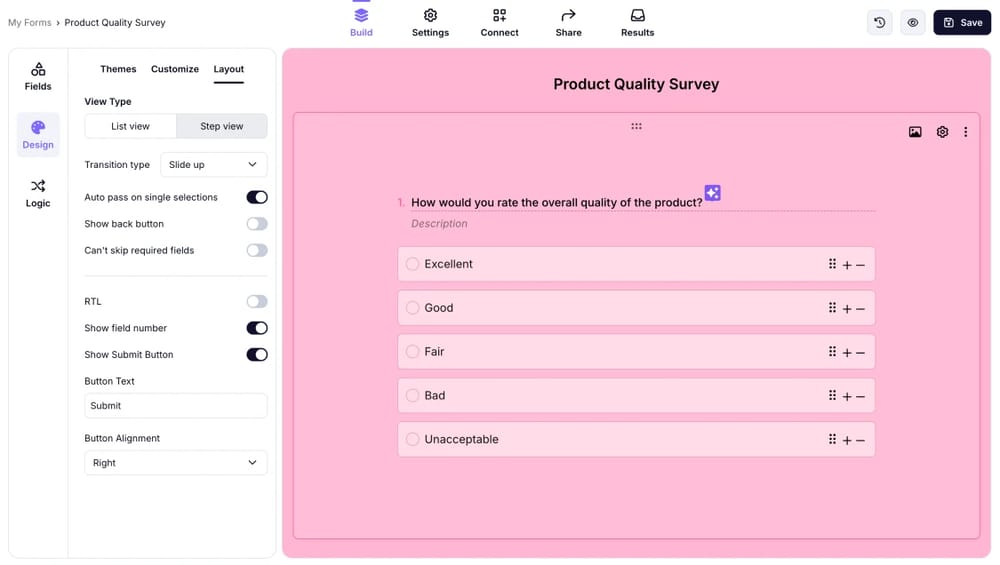 An image showing an example of the form where the Step view is selected