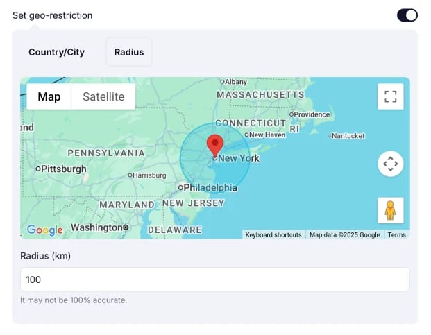 An image showing an option of selecting a custom radius for the geo-restriction