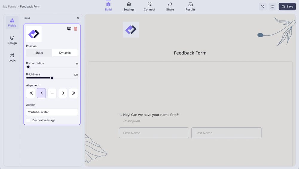 An image showing the settings of the “Logo” field that you can adjust anytime