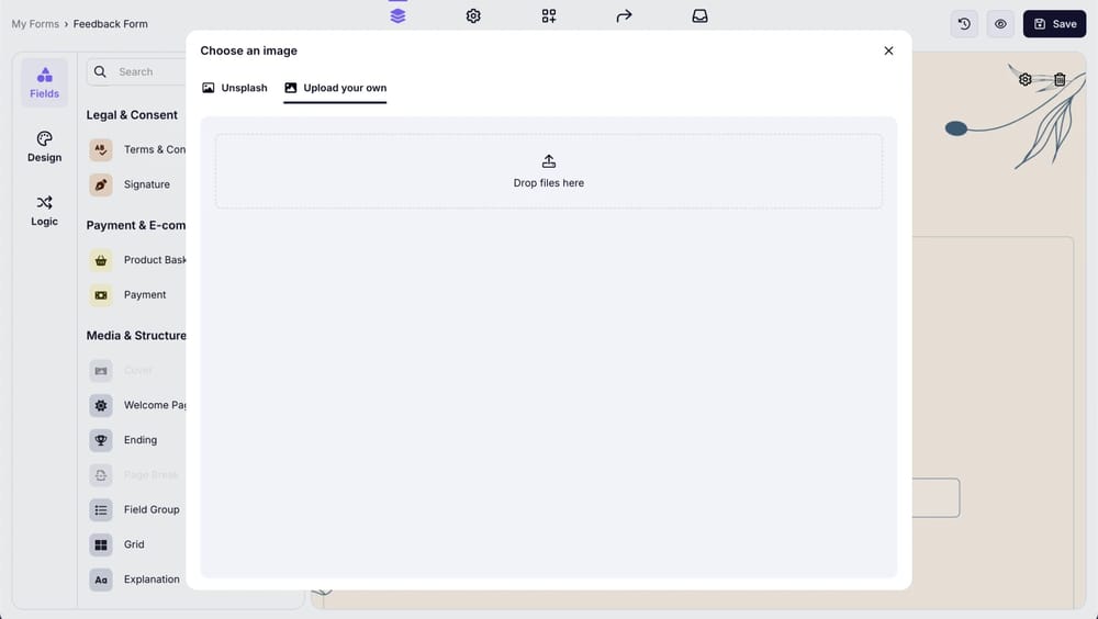 An image showing the pop-up where you can upload the cover image from your device or choose one from the “Unsplash” platform