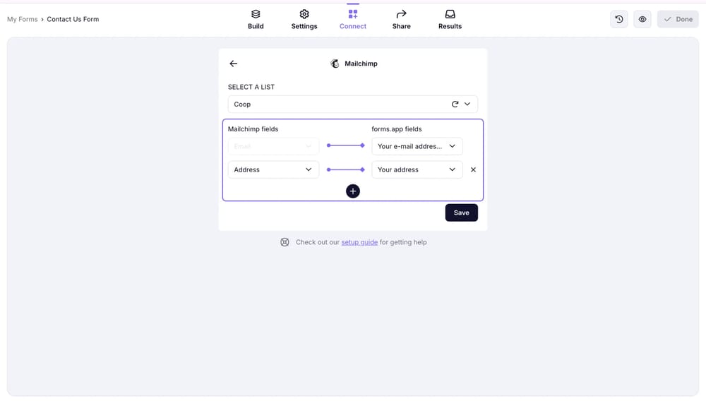 An image showing the area where you will need to select a required list and match the fields from both platforms to set up the integration