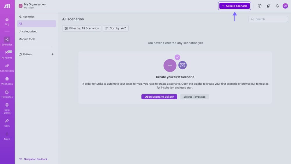 An image showing the “Make” Dashboard and the “+Create scenario” button you need to click