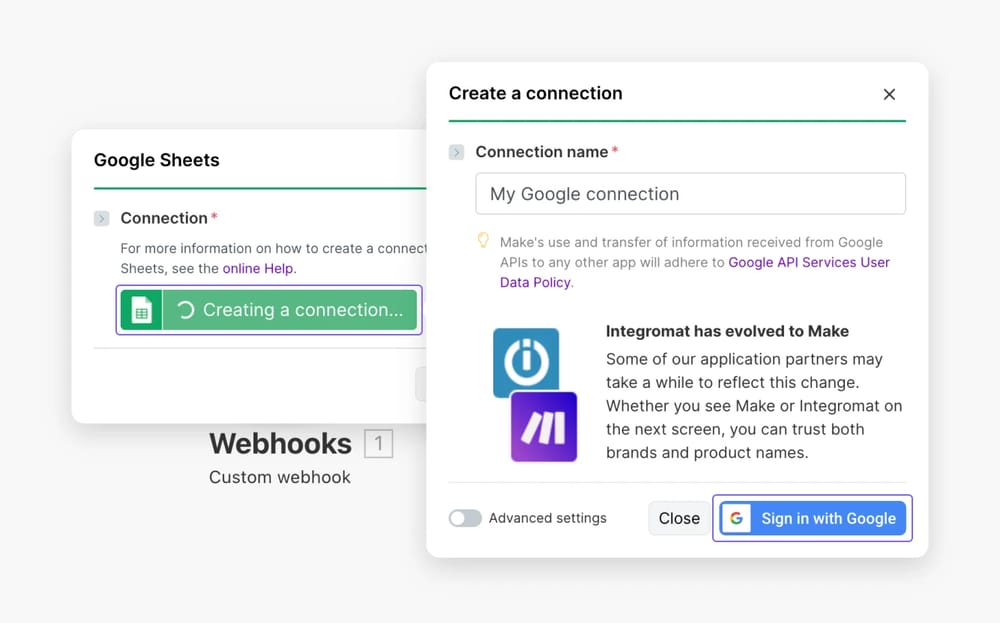 An image showing the “Create a connection” button, which you need to click to be able to set up the connection and log in to your Google account